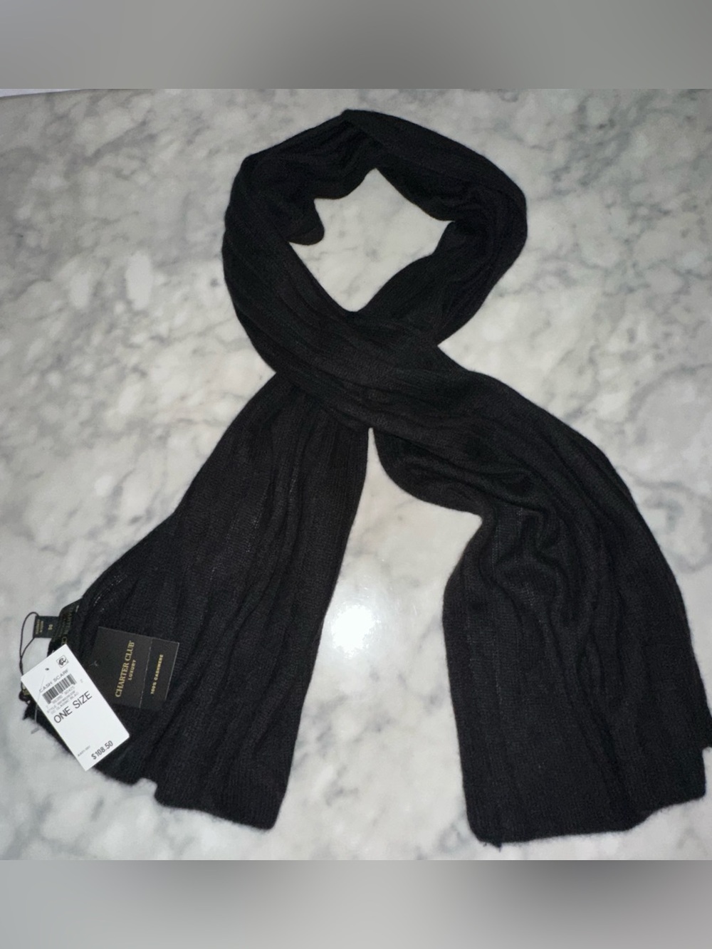 Charter Club Black Ribbed 100% cashmere Scarf